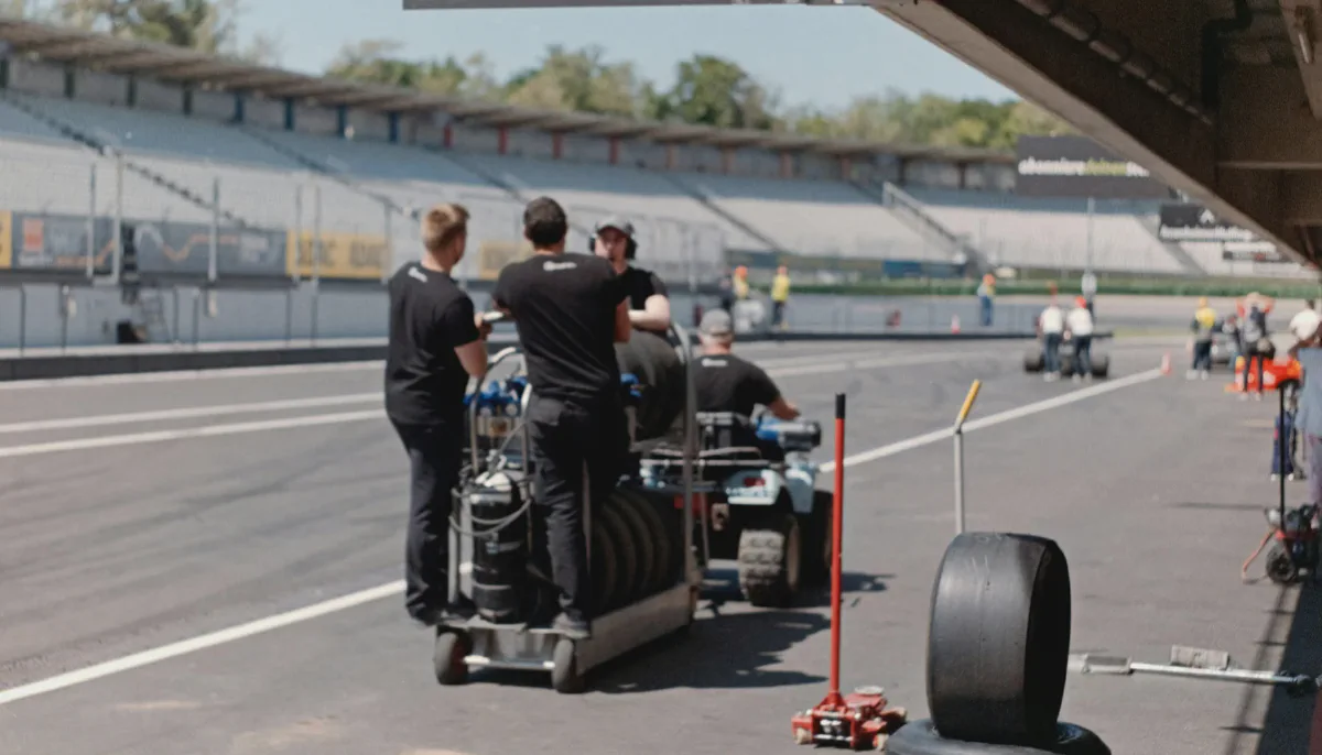 Trackday-Setup mit Reifen, Bremsen, Fahrwerk, Werkzeug und klarer Vorbereitung im Fahrerlager.